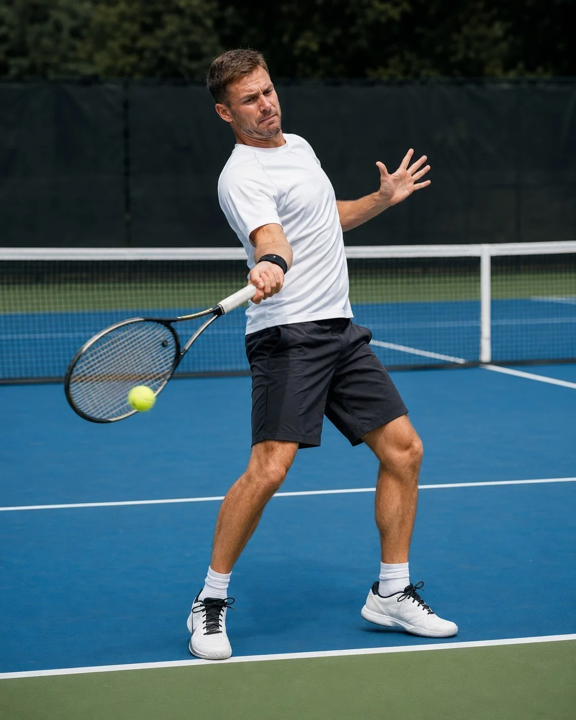 Tennisspieler mit zu spätem Treffpunkt bei der Vorhand auf einem Hartplatz