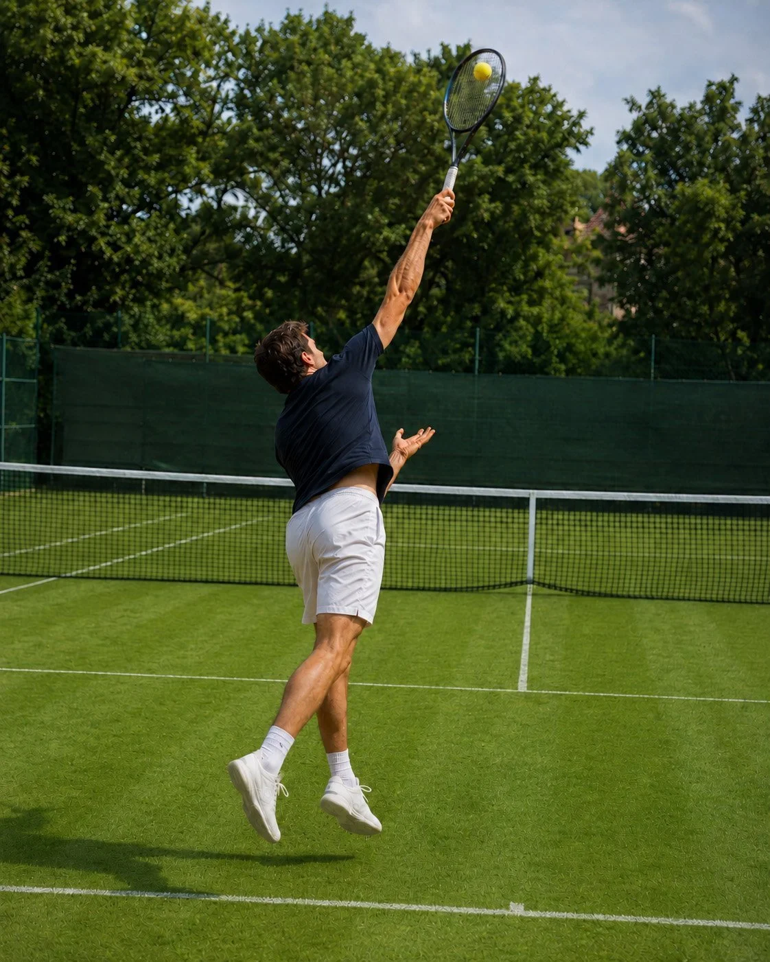 Tennisspieler beim hohen Treffpunkt eines technisch sauberen Aufschlags